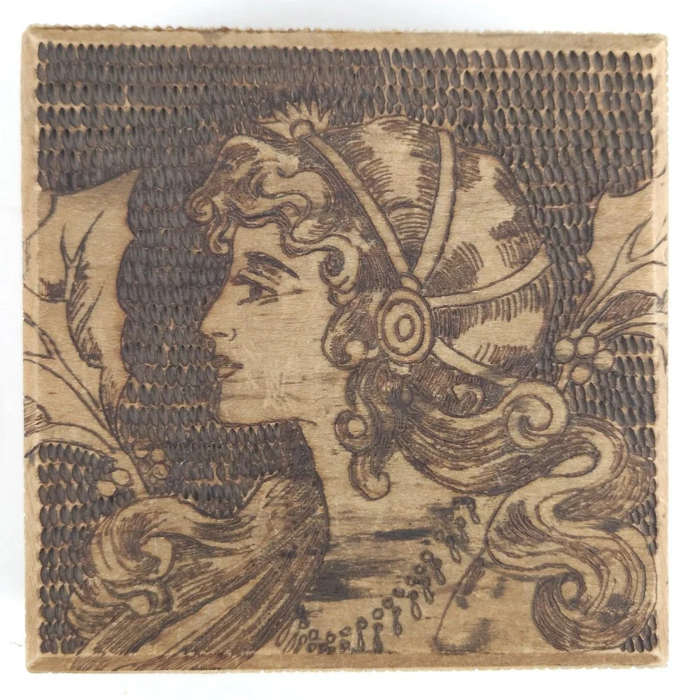 Vtg Handmade Wooden Box Flemish Style Pyrography Renaissance Lady Folk Art 6x6